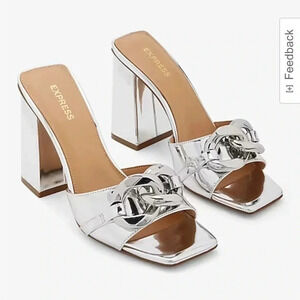 Metallic Silver Express Block Heels with Chain Detail - Size 7